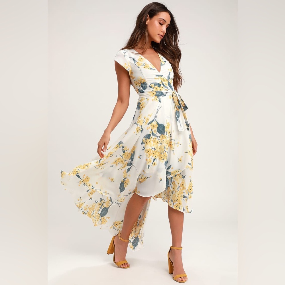 Lulus French Countryside White and Yellow Floral Print High Low Dress Size L